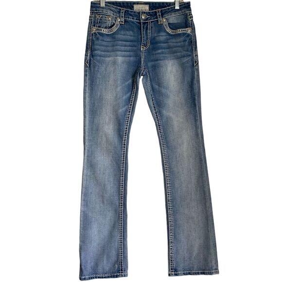 Grace In LA Bootcut Y2K Jeans Womens 28 Blue Thick Stitch Low Rise Flared Rock - Picture 3 of 11